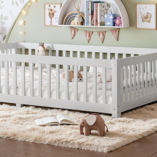 Alt view image 4 of 7 - Montessori Floor Bed with Safety Guardrails and Door for Girls Boys, Kids Wood Floor Bed with Fence Gate for Sleeping Transition, Queen Size, White