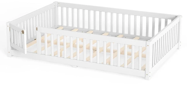 Alt view image 5 of 7 - Montessori Floor Bed with Safety Guardrails and Door for Girls Boys, Kids Wood Floor Bed with Fence Gate for Sleeping Transition, Queen Size, White