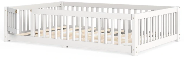Alt view image 6 of 7 - Montessori Floor Bed with Safety Guardrails and Door for Girls Boys, Kids Wood Floor Bed with Fence Gate for Sleeping Transition, Queen Size, White