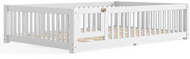 Alt view image 7 of 7 - Montessori Floor Bed with Safety Guardrails and Door for Girls Boys, Kids Wood Floor Bed with Fence Gate for Sleeping Transition, Queen Size, White