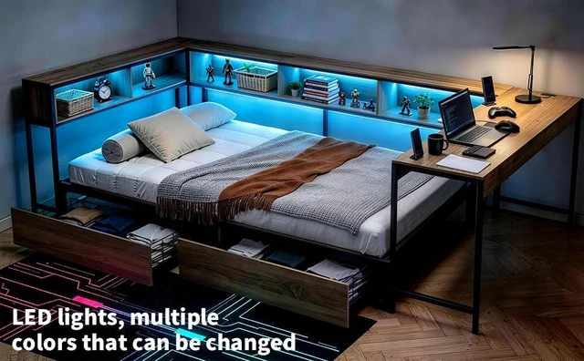 Alt view image 3 of 7 - LShaped Corner Daybed with Desk and 2 Charging Station, Metal Daybed with 2 Storage Drawers and Bookcase Headboard, Twin Size, Black