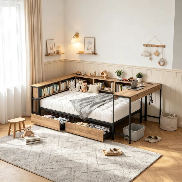 Main image of LShaped Corner Daybed with Desk and 2 Charging Station, Metal Daybed with 2 Storage Drawers and Bookcase Headboard, Twin Size, Black