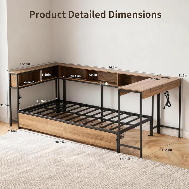 Alt view image 2 of 7 - LShaped Corner Daybed with Desk and 2 Charging Station, Metal Daybed with 2 Storage Drawers and Bookcase Headboard, Twin Size, Black