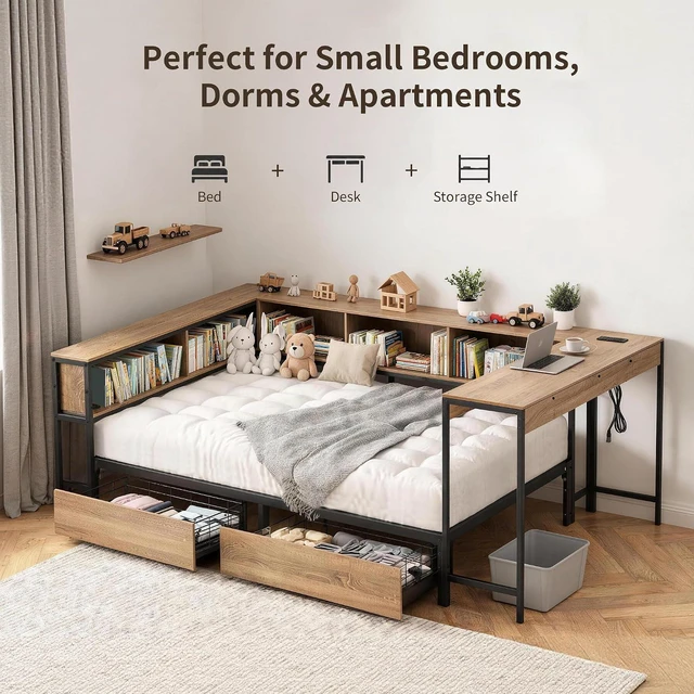 Alt view image 5 of 7 - LShaped Corner Daybed with Desk and 2 Charging Station, Metal Daybed with 2 Storage Drawers and Bookcase Headboard, Twin Size, Black