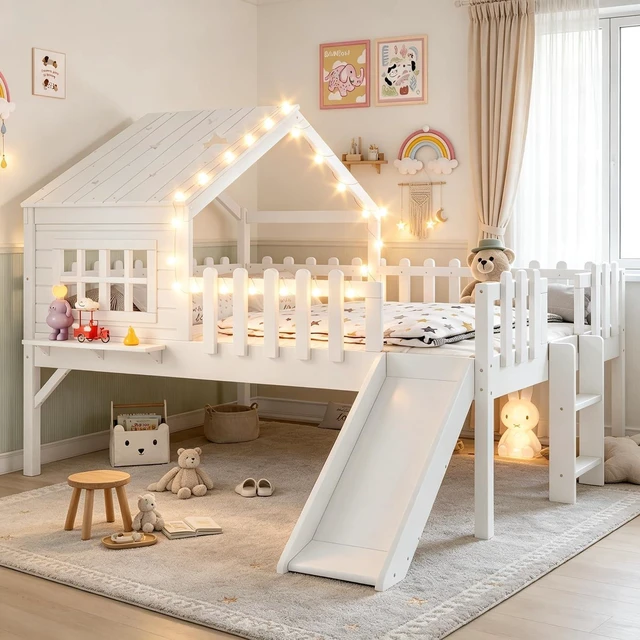 Main image of House Low Loft Bed with Slide and Ladder for Girls Boys, Solid Wood Kids Loft Bed with LED Light and Guardrails for Sleeping and Playing, Full Size, White