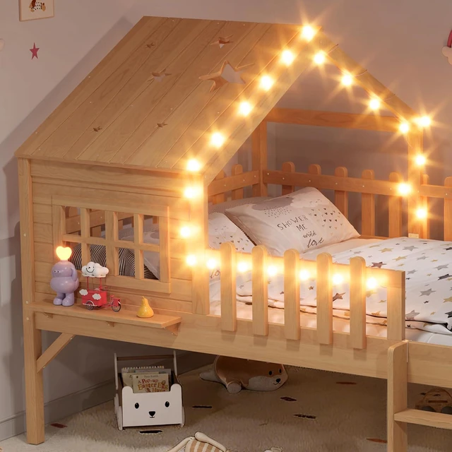 Alt view image 3 of 7 - House Low Loft Bed with Slide and Ladder for Girls Boys, Solid Wood Kids Loft Bed with LED Light and Guardrails for Sleeping and Playing, Full Size, Natural