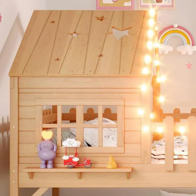 Alt view image 4 of 7 - House Low Loft Bed with Slide and Ladder for Girls Boys, Solid Wood Kids Loft Bed with LED Light and Guardrails for Sleeping and Playing, Full Size, Natural