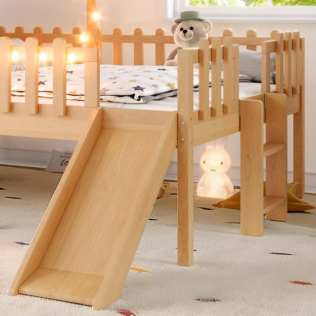 Alt view image 5 of 7 - House Low Loft Bed with Slide and Ladder for Girls Boys, Solid Wood Kids Loft Bed with LED Light and Guardrails for Sleeping and Playing, Full Size, Natural