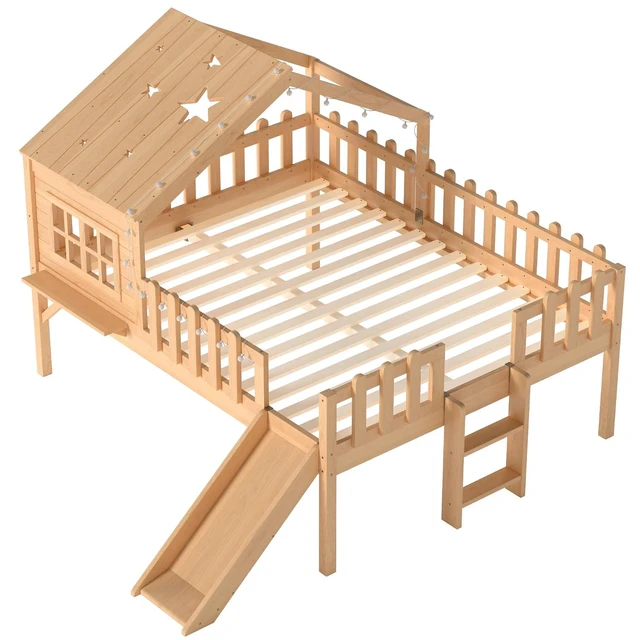 Alt view image 6 of 7 - House Low Loft Bed with Slide and Ladder for Girls Boys, Solid Wood Kids Loft Bed with LED Light and Guardrails for Sleeping and Playing, Full Size, Natural