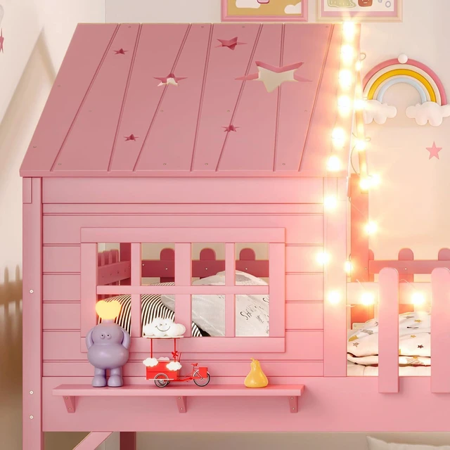 Alt view image 2 of 7 - House Low Loft Bed with Slide and Ladder for Girls Boys, Solid Wood Kids Loft Bed with LED Light and Guardrails for Sleeping and Playing, Full Size, Pink