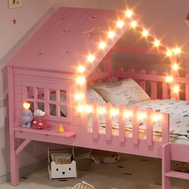 Alt view image 3 of 7 - House Low Loft Bed with Slide and Ladder for Girls Boys, Solid Wood Kids Loft Bed with LED Light and Guardrails for Sleeping and Playing, Full Size, Pink