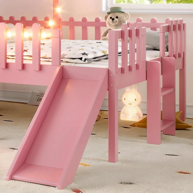 Alt view image 4 of 7 - House Low Loft Bed with Slide and Ladder for Girls Boys, Solid Wood Kids Loft Bed with LED Light and Guardrails for Sleeping and Playing, Full Size, Pink