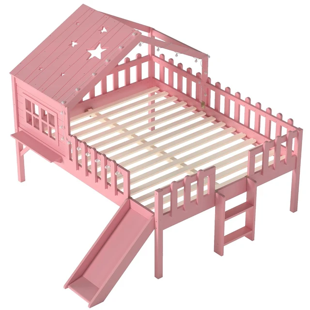 Alt view image 5 of 7 - House Low Loft Bed with Slide and Ladder for Girls Boys, Solid Wood Kids Loft Bed with LED Light and Guardrails for Sleeping and Playing, Full Size, Pink