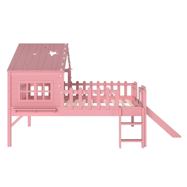 Alt view image 7 of 7 - House Low Loft Bed with Slide and Ladder for Girls Boys, Solid Wood Kids Loft Bed with LED Light and Guardrails for Sleeping and Playing, Full Size, Pink