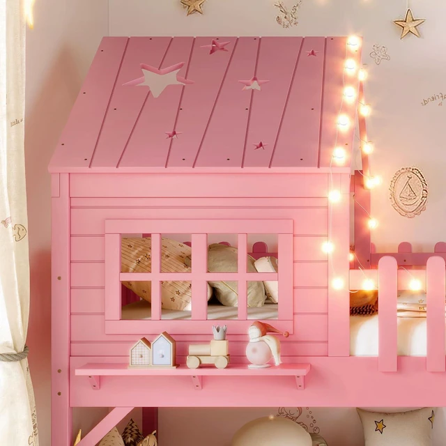 Alt view image 3 of 7 - House Low Loft Bed with Slide and Ladder for Girls Boys, Solid Wood Kids Loft Bed with LED Light and Guardrails for Sleeping and Playing, Twin Size, Pink