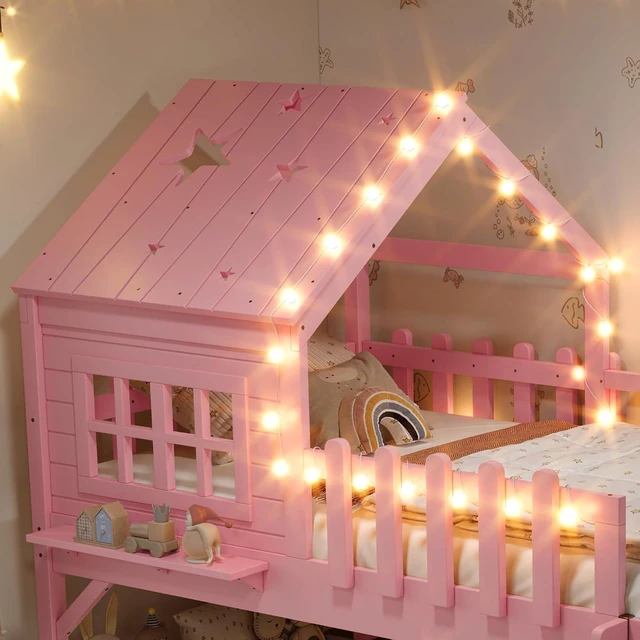 Alt view image 4 of 7 - House Low Loft Bed with Slide and Ladder for Girls Boys, Solid Wood Kids Loft Bed with LED Light and Guardrails for Sleeping and Playing, Twin Size, Pink