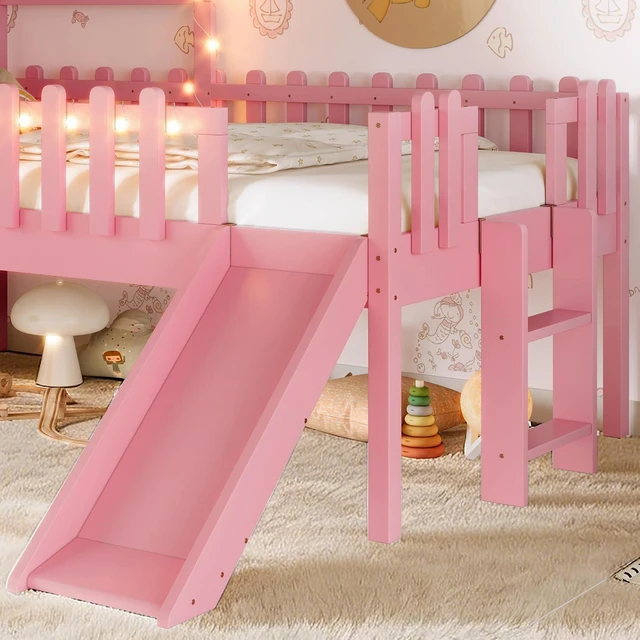 Alt view image 5 of 7 - House Low Loft Bed with Slide and Ladder for Girls Boys, Solid Wood Kids Loft Bed with LED Light and Guardrails for Sleeping and Playing, Twin Size, Pink
