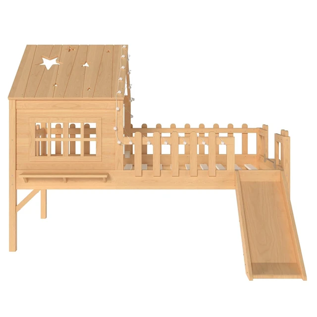 Alt view image 5 of 7 - House Low Loft Bed with Slide and Ladder for Girls Boys, Solid Wood Kids Loft Bed with LED Light and Guardrails for Sleeping and Playing, Twin Size, Natural