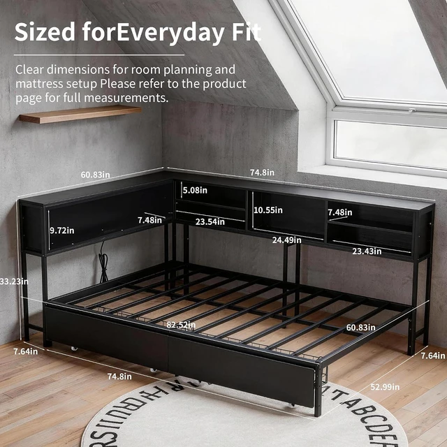Alt view image 2 of 7 - Corner Daybed with 2 Storage Drawers and USB Charging Station for Apartment, Metal Daybed with LShaped Bookcase Headboard and Led Lights, Full Size, Black