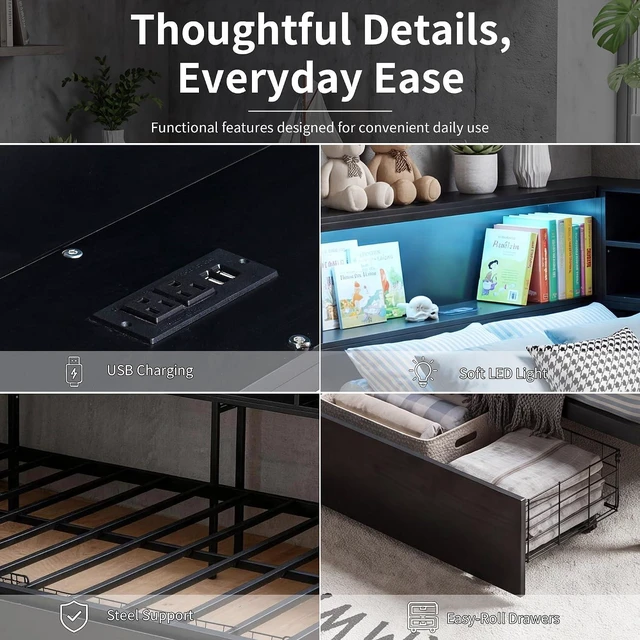 Alt view image 3 of 7 - Corner Daybed with 2 Storage Drawers and USB Charging Station for Apartment, Metal Daybed with LShaped Bookcase Headboard and Led Lights, Full Size, Black