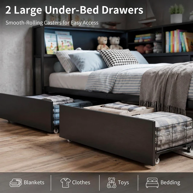 Alt view image 5 of 7 - Corner Daybed with 2 Storage Drawers and USB Charging Station for Apartment, Metal Daybed with LShaped Bookcase Headboard and Led Lights, Full Size, Black
