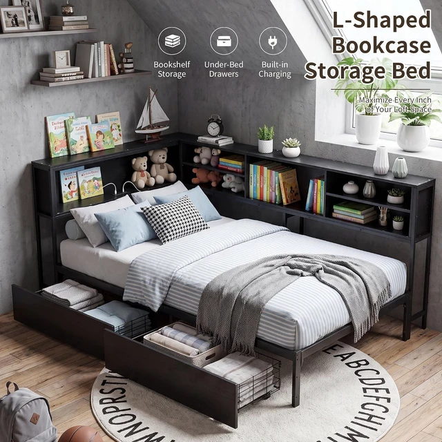 Alt view image 6 of 7 - Corner Daybed with 2 Storage Drawers and USB Charging Station for Apartment, Metal Daybed with LShaped Bookcase Headboard and Led Lights, Full Size, Black