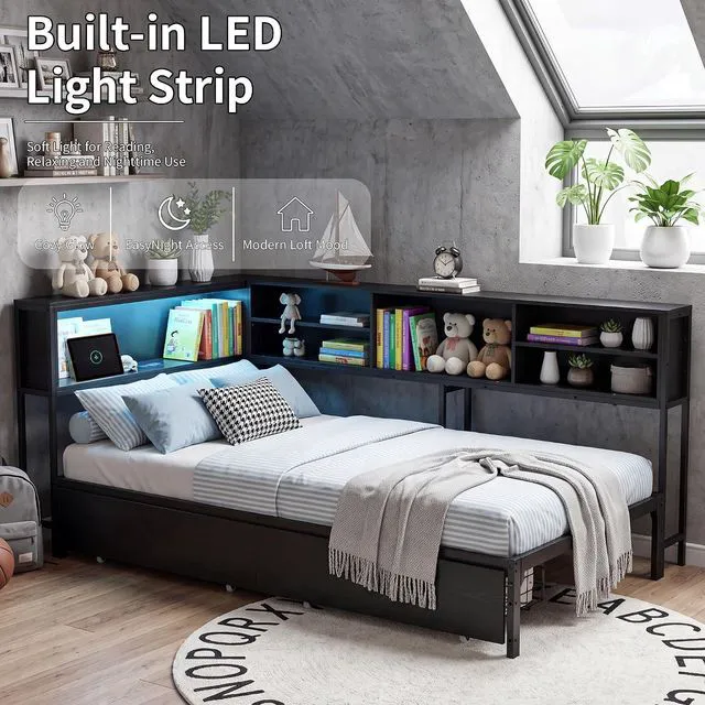 Alt view image 7 of 7 - Corner Daybed with 2 Storage Drawers and USB Charging Station for Apartment, Metal Daybed with LShaped Bookcase Headboard and Led Lights, Full Size, Black