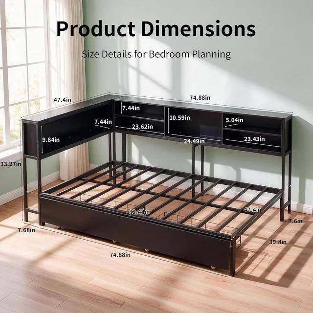 Alt view image 2 of 7 - Corner Daybed with 2 Storage Drawers and USB Charging Station for Apartment, Metal Daybed with LShaped Bookcase Headboard and Led Lights, Twin Size, Black