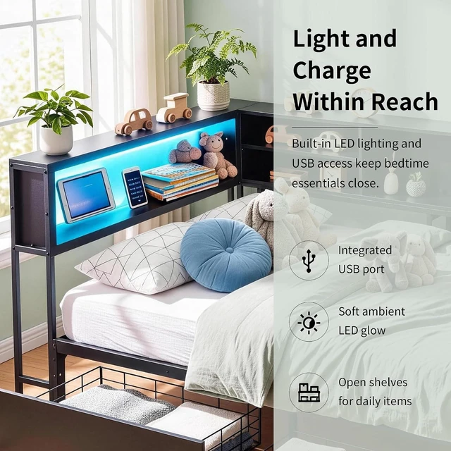 Alt view image 3 of 7 - Corner Daybed with 2 Storage Drawers and USB Charging Station for Apartment, Metal Daybed with LShaped Bookcase Headboard and Led Lights, Twin Size, Black