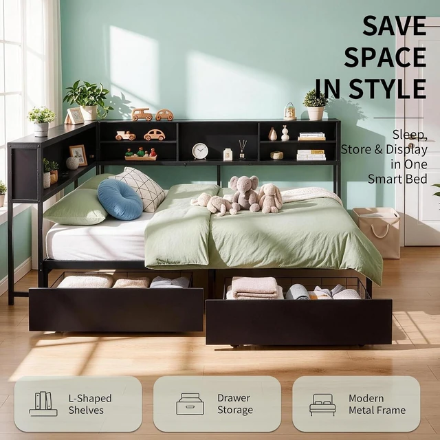 Alt view image 5 of 7 - Corner Daybed with 2 Storage Drawers and USB Charging Station for Apartment, Metal Daybed with LShaped Bookcase Headboard and Led Lights, Twin Size, Black
