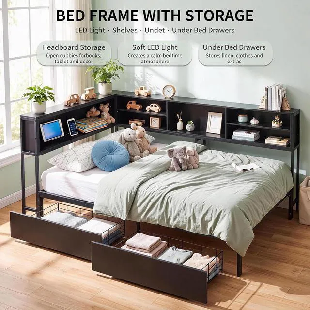 Alt view image 4 of 7 - Corner Daybed with 2 Storage Drawers and USB Charging Station for Apartment, Metal Daybed with LShaped Bookcase Headboard and Led Lights, Twin Size, Black