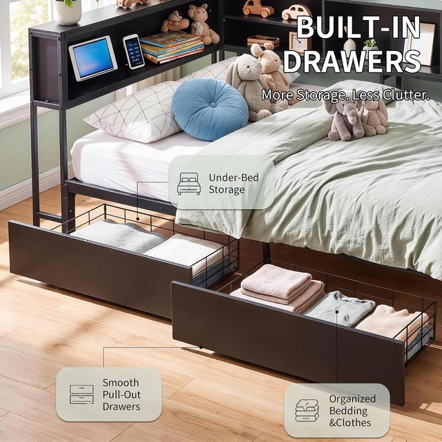 Alt view image 7 of 7 - Corner Daybed with 2 Storage Drawers and USB Charging Station for Apartment, Metal Daybed with LShaped Bookcase Headboard and Led Lights, Twin Size, Black