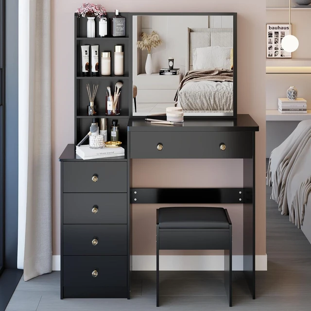 Main image of Makeup Vanity Desk with Sliding Mirror and Drawers, Black