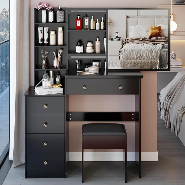 Alt view image 2 of 7 - Makeup Vanity Desk with Sliding Mirror and Drawers, Black