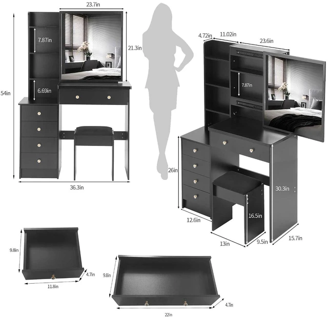 Alt view image 3 of 7 - Makeup Vanity Desk with Sliding Mirror and Drawers, Black