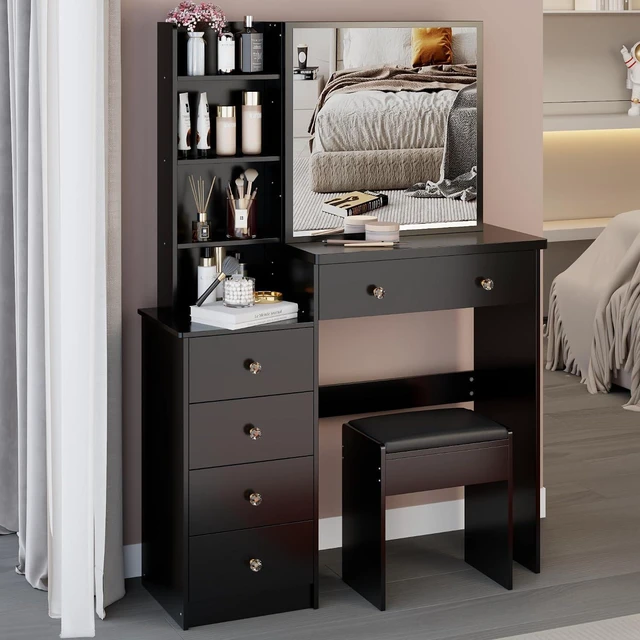 Alt view image 4 of 7 - Makeup Vanity Desk with Sliding Mirror and Drawers, Black