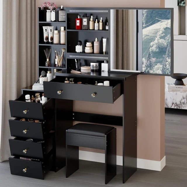 Alt view image 5 of 7 - Makeup Vanity Desk with Sliding Mirror and Drawers, Black