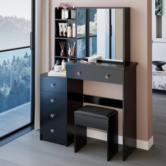 Alt view image 6 of 7 - Makeup Vanity Desk with Sliding Mirror and Drawers, Black