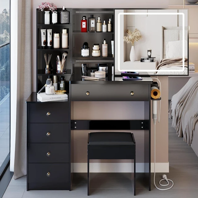 Main image of Vanity Desk with Lighted Mirror, Stool and Large Storage Space, Black