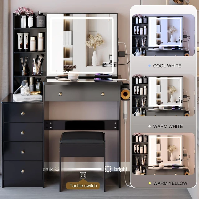 Alt view image 3 of 7 - Vanity Desk with Lighted Mirror, Stool and Large Storage Space, Black