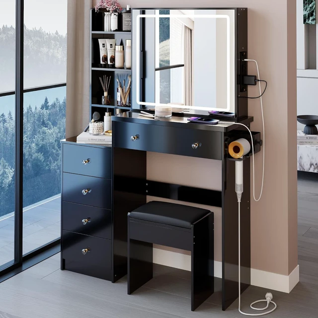 Alt view image 2 of 7 - Vanity Desk with Lighted Mirror, Stool and Large Storage Space, Black