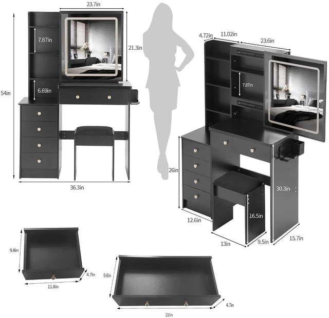 Alt view image 4 of 7 - Vanity Desk with Lighted Mirror, Stool and Large Storage Space, Black