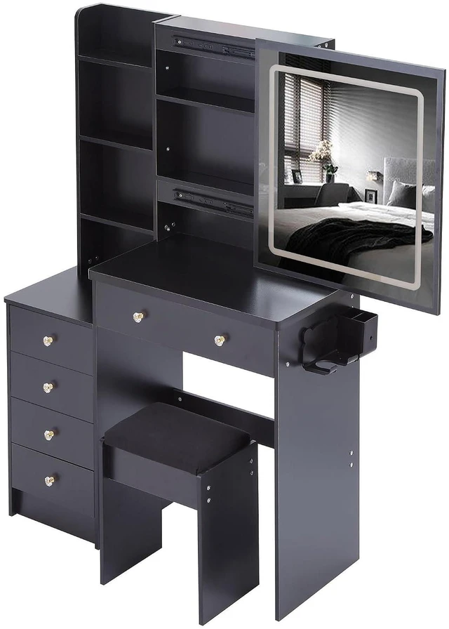Alt view image 6 of 7 - Vanity Desk with Lighted Mirror, Stool and Large Storage Space, Black