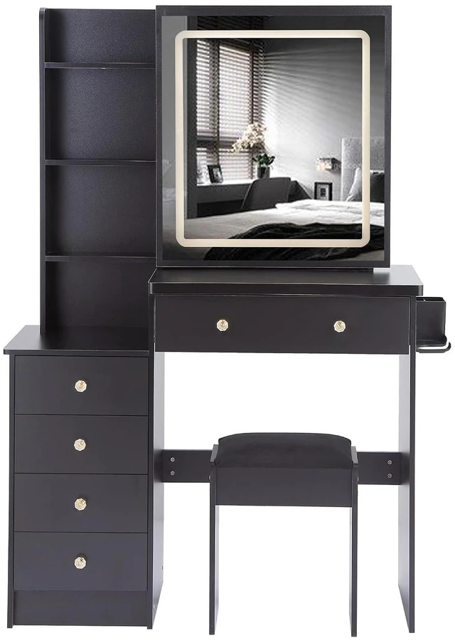 Alt view image 7 of 7 - Vanity Desk with Lighted Mirror, Stool and Large Storage Space, Black