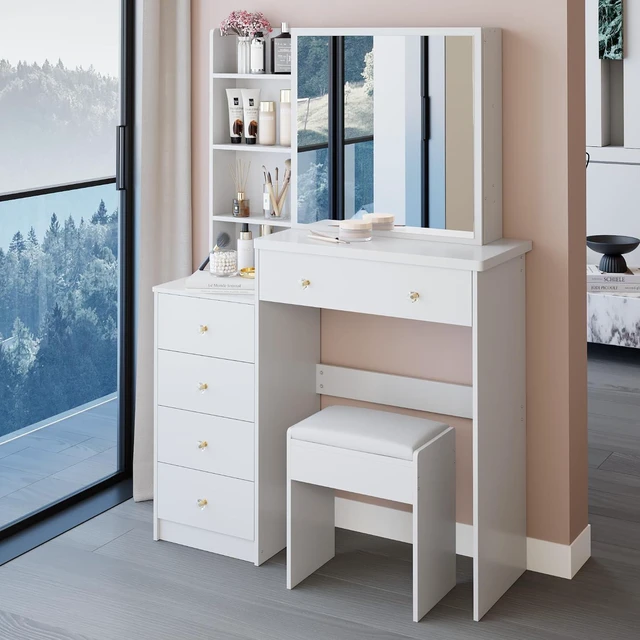 Alt view image 2 of 7 - Makeup Vanity Desk with Sliding Mirror and Drawers, White