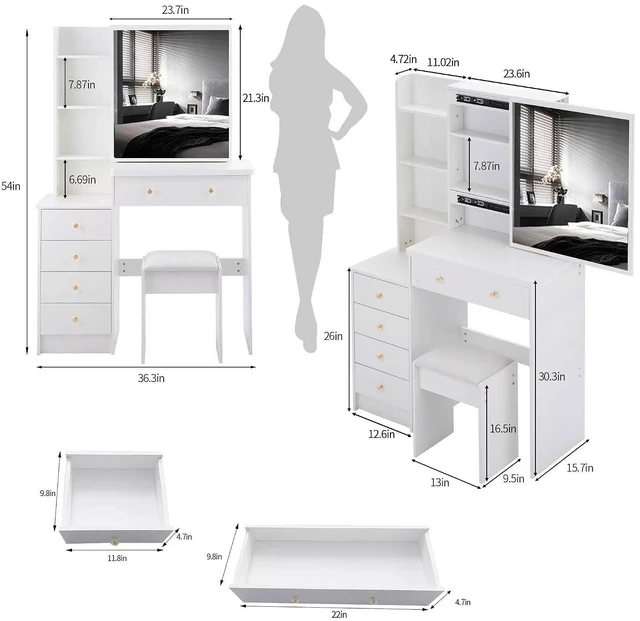 Alt view image 3 of 7 - Makeup Vanity Desk with Sliding Mirror and Drawers, White
