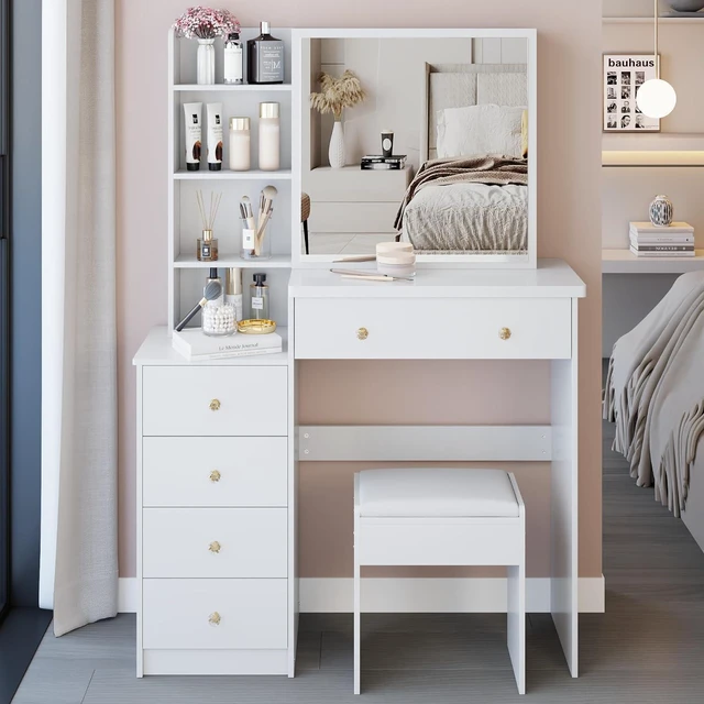 Alt view image 4 of 7 - Makeup Vanity Desk with Sliding Mirror and Drawers, White