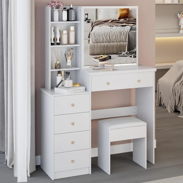 Alt view image 6 of 7 - Makeup Vanity Desk with Sliding Mirror and Drawers, White