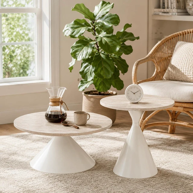 Alt view image 3 of 7 - Modern Nesting Coffee Table Set of 2, Round Center Table and Side Table,White