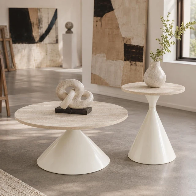 Alt view image 4 of 7 - Modern Nesting Coffee Table Set of 2, Round Center Table and Side Table,White